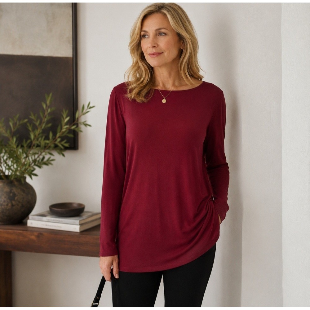 Eileen Fisher 100% Silk Knit Tunic Top Women's Petite S Burgundy Long Sleeve